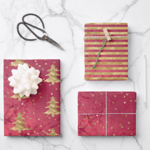 Pretty Red Gold Christmas Trees   Wrapping Paper Sheet