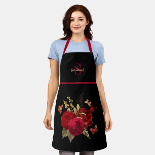 Pretty Red Gold Rose Butterfly  Monogram Apron