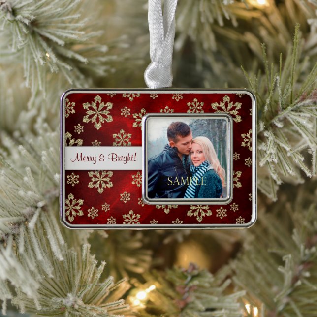 Pretty Red Gold Snowflake Photo Template Silver Plated Framed Ornament (Tree)