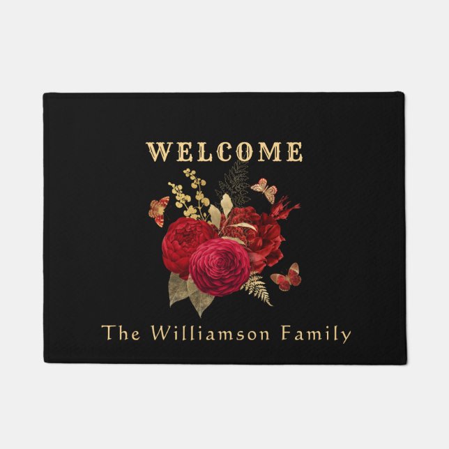 Pretty Red Gold Watercolor Rose Butterfly Welcome Doormat (Front)