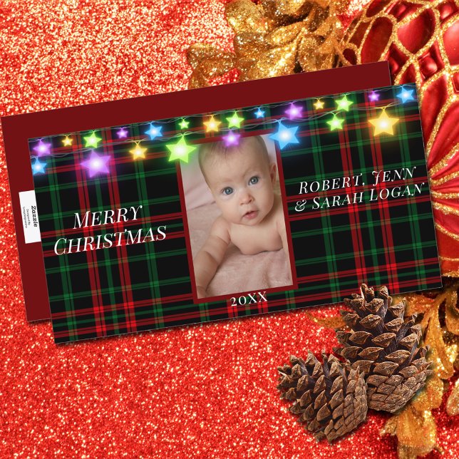  Pretty Red Green Plaid Star Lights Add Photo Holiday Card (Creator Uploaded)