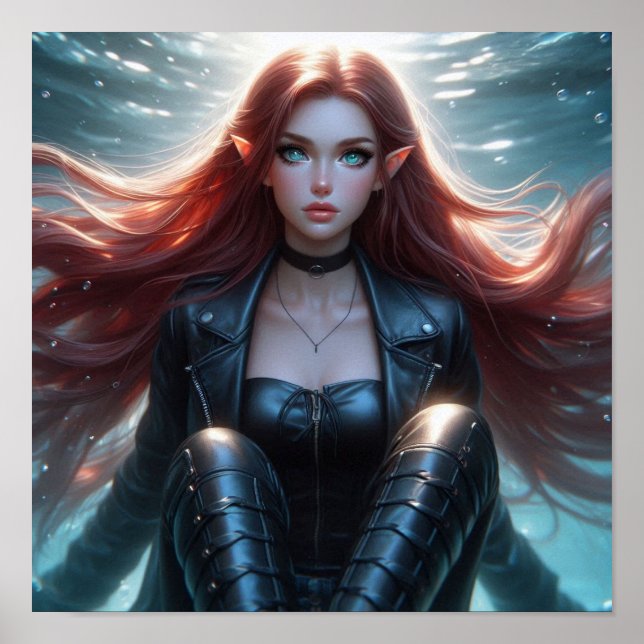 Pretty Red-Haired Elf Girl with Piercing Blue Eyes Poster (Front)