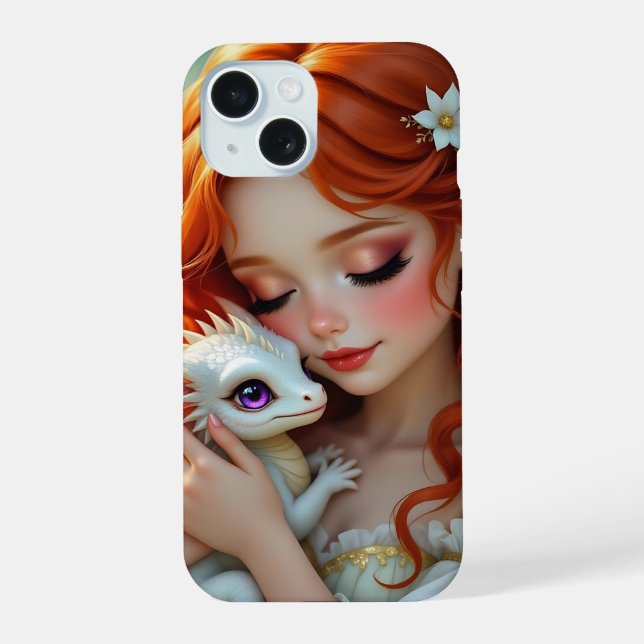 Pretty Red Haired Fairy with Dragon iPhone 15 Case (Back)