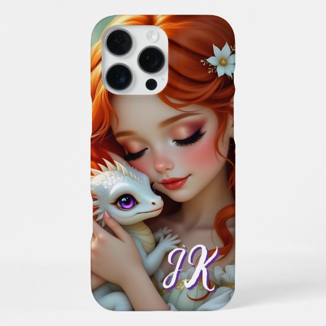 Pretty Red Haired Fairy with Dragon Monogrammed iPhone Case (Back)