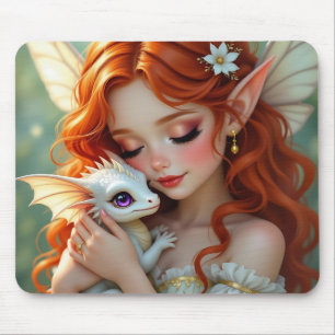 Pretty Red Haired Fairy with Dragon Mouse Pad