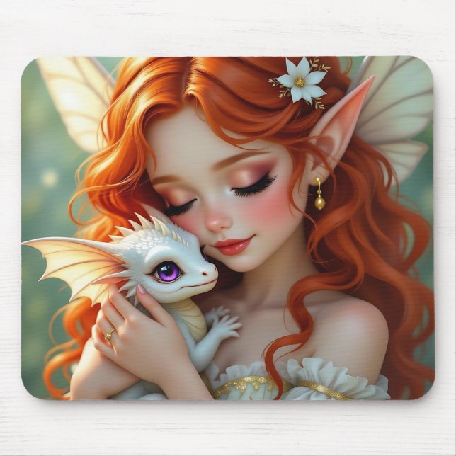 Pretty Red Haired Fairy with Dragon  Mouse Pad (Front)