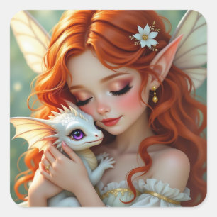 Pretty Red Haired Fairy with Dragon  Square Sticker