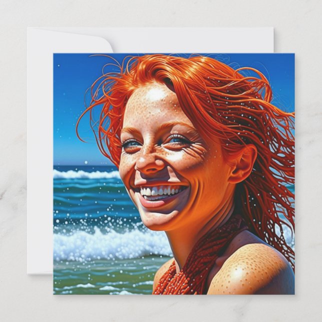 Pretty Red Haired Lady at Beach ai art Card (Front)