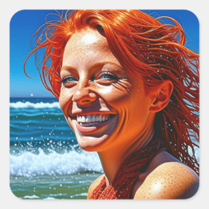 Pretty Red Haired Lady at Beach ai art Square Sticker