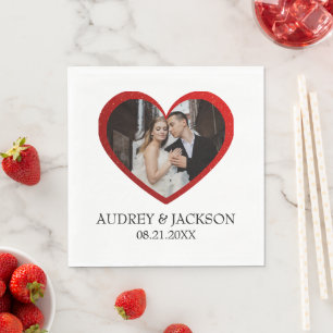Pretty Red Heart Shaped Photo Wedding Napkin