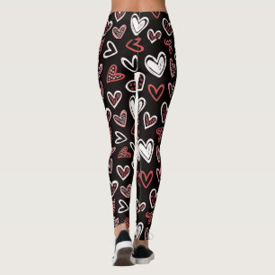 Pretty Red Hearts Black And White Pattern Leggings