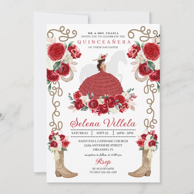 Pretty Red Mariachi Charro Princess Quinceañera Invitation (Front)