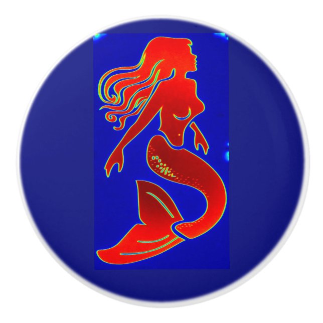 pretty red mermaid on blue ceramic knob (Front)
