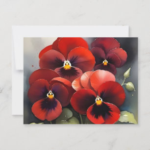 Pretty red pansies watercolor painting postcard