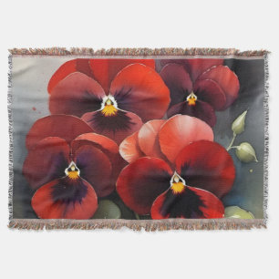 Pretty red pansies watercolor painting throw blanket