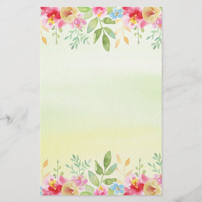 Pretty Red Pink & Blue Watercolor Flowers Stationery (Front)