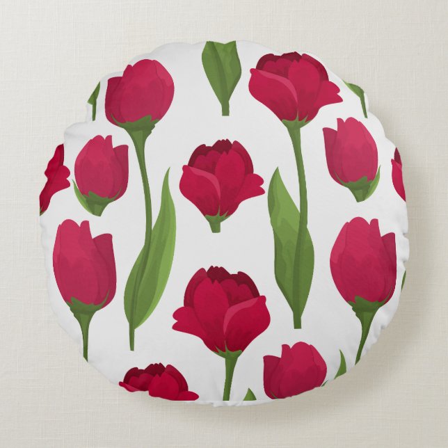 Pretty Red & Pink Botanical Roses Floral Round Cushion (Front)