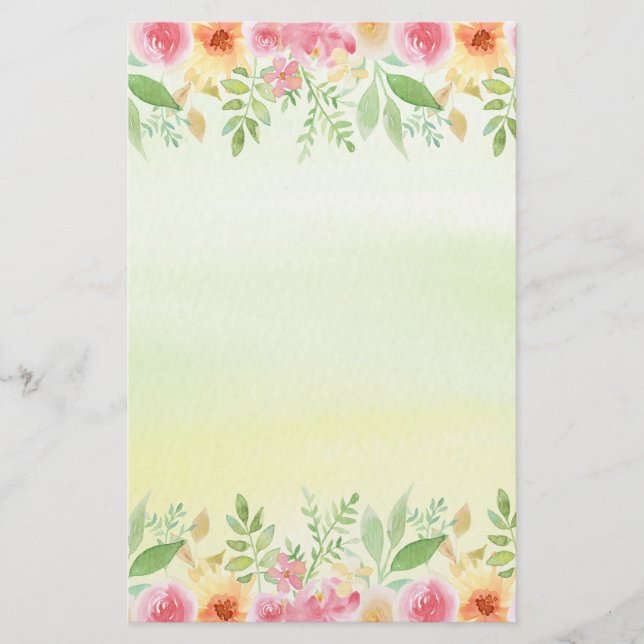 Pretty Red Pink & Yellow Watercolor Flowers Stationery (Front)