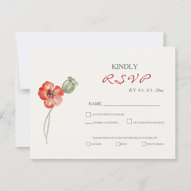 Pretty Red Poppies modern floral wedding RSVP card (Front)