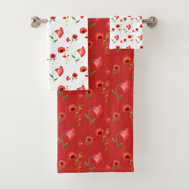 Pretty Red Poppies Pattern Bath Towel Set (Insitu)