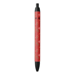 Pretty Red Poppies Pattern Monogram Black Ink Pen