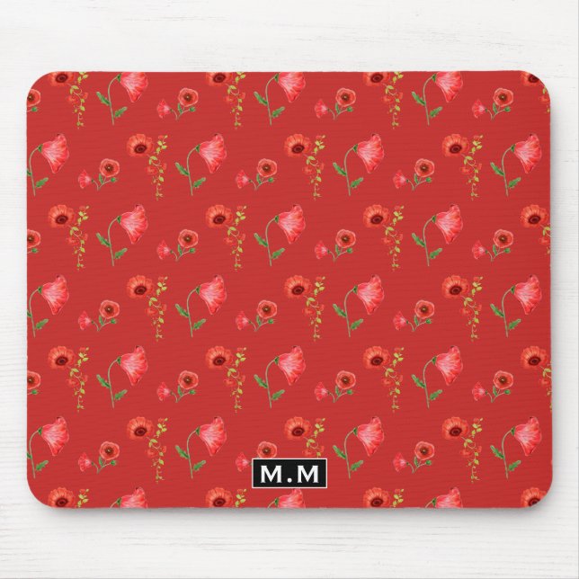 Pretty Red Poppies Pattern Monogram Mouse Pad (Front)