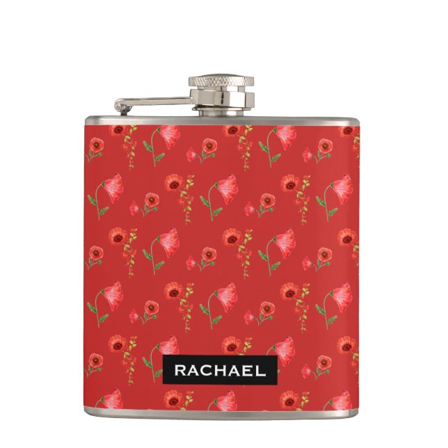 Pretty Red Poppies Pattern Personalised Hip Flask (Front)