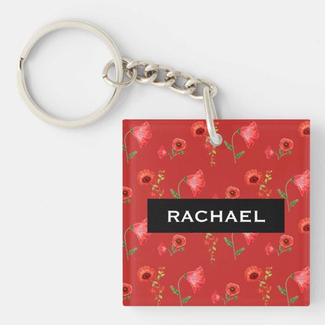 Pretty Red Poppies Pattern Personalised Key Ring (Front)