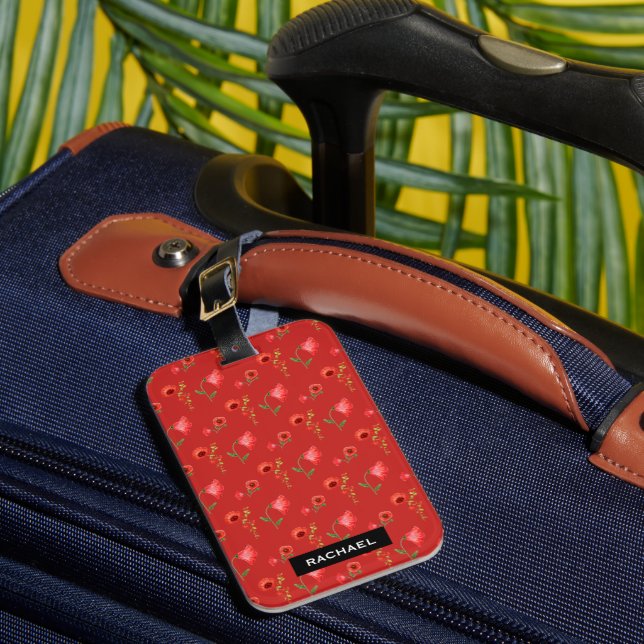 Pretty Red Poppies Pattern Personalised Luggage Tag (Front Insitu 1)