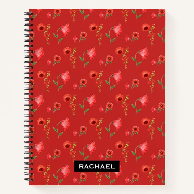 Pretty Red Poppies Pattern Personalised Notebook (Front)