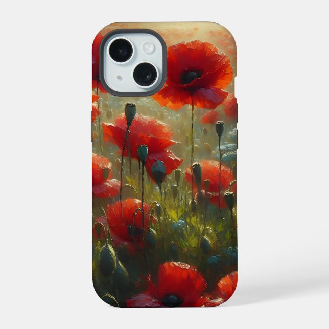 Pretty Red Poppy Field on a Summer Day iPhone 15 Case (Back)