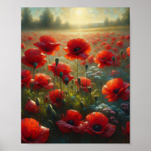 Pretty Red Poppy Field on a Summer Day Poster