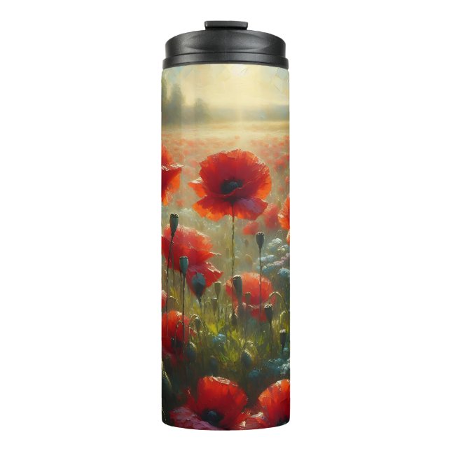 Pretty Red Poppy Field on a Summer Day Thermal Tumbler (Front)