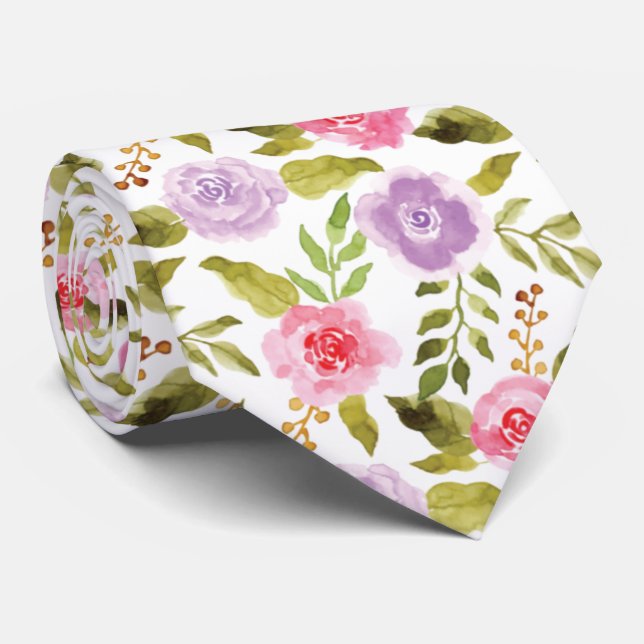 Pretty Red & Purple Watercolor Floral Pattern Tie (Rolled)