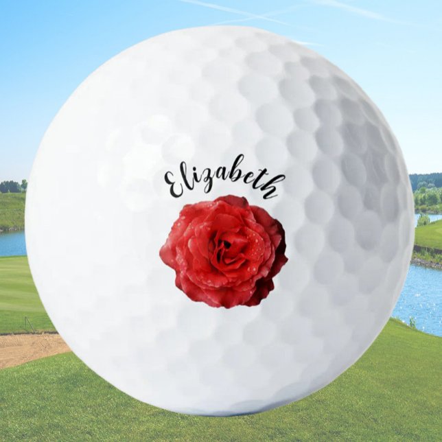 Pretty red rose flower custom name ladies golf balls (Creator Uploaded)