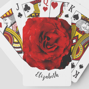 Pretty red rose flower custom name womens playing cards