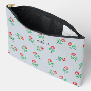 Pretty Red Rose Pattern Pastel Blue Personalised Accessory Pouch
