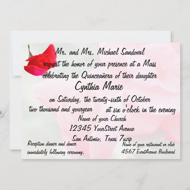 Pretty Red Rose Quinceanera Birthday Invitation (Front)