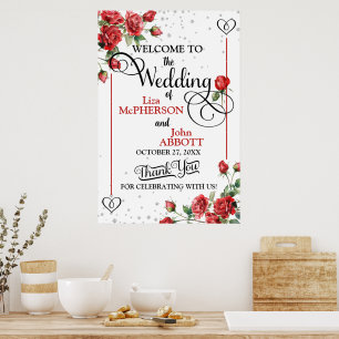 Pretty Red Roses Floral Wedding Welcome Poster