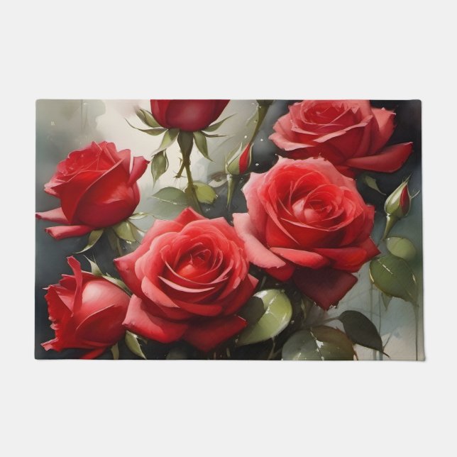Pretty red roses watercolor painting doormat (Front)