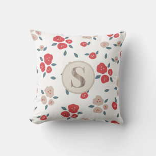 Pretty Red Tan Farmhouse Country Rustic Monogra Cushion