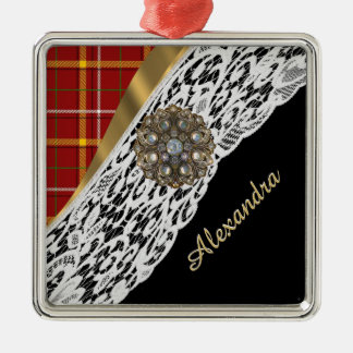 Pretty red tartan plaid and white lace metal ornament