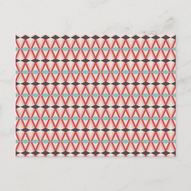 Pretty Red Teal Aztec Weaving Diamond Pattern Postcard (Front)