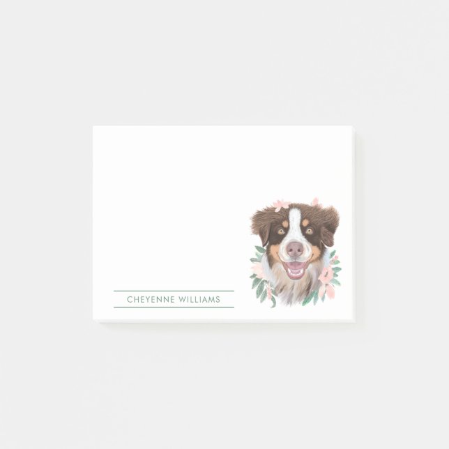 Pretty Red Tri Aussie with Flowers | Personalized Post-it Notes (Front)