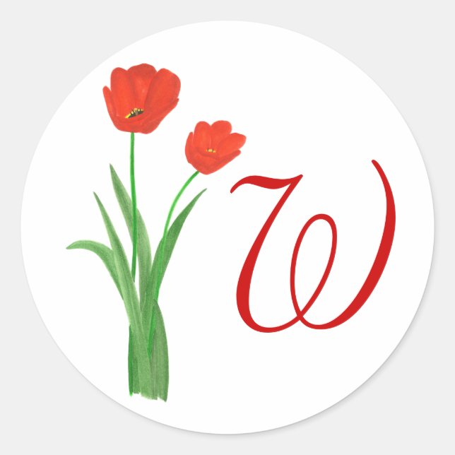 Pretty Red Tulips, Monogram Wedding Seals Stickers (Front)