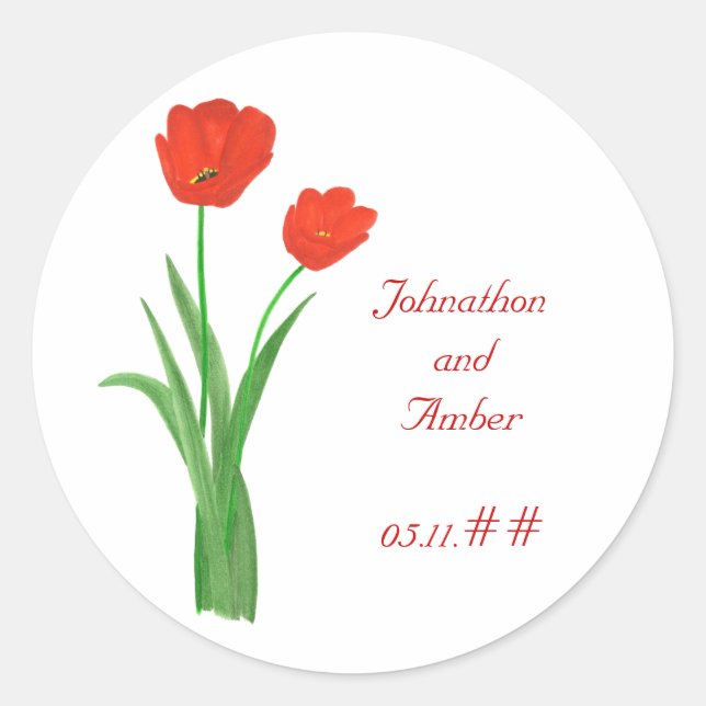 Pretty Red Tulips, Wedding Save the date stickers (Front)