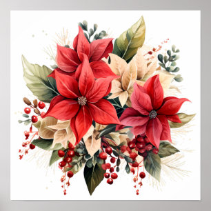 Pretty Red Watercolor Christmas Poinsettia Flowers Poster