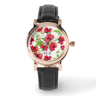 Pretty Red Watercolor Poppies Personalised Watch