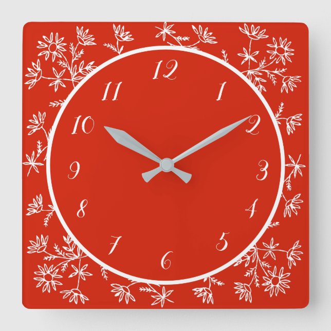 Pretty Red White Floral Design Stylish Decorative Square Wall Clock (Front)