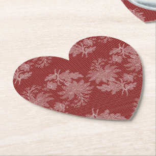 Pretty Red White Floral Faux Lace Wedding Paper Coaster